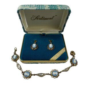 Cameo Bracelet and Earrings Set 14k Yellow Gold Overlay Filigree Link Sentiment